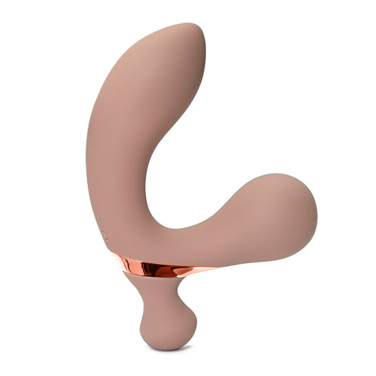 A silicone prostate massager with a curved design and an angled tip for targeted stimulation. The base of the massager has a flared design for added safety and control.
