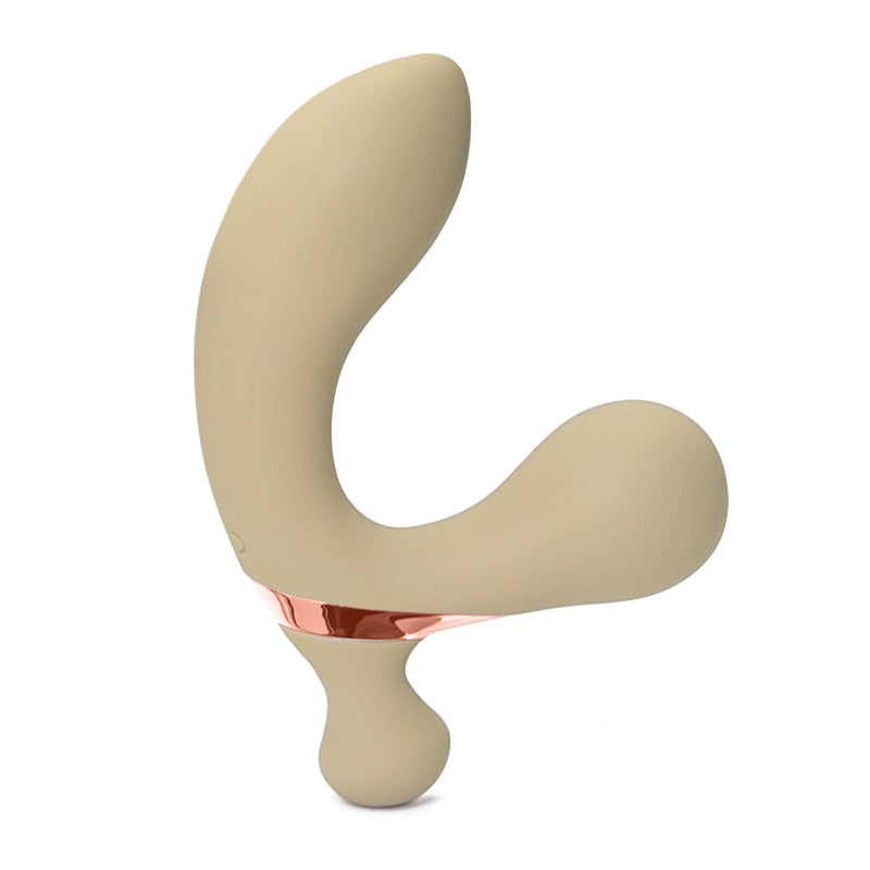A silicone prostate massager with a curved design and a tapered end for easy insertion. The base of the massager has a flared design for added safety and control.